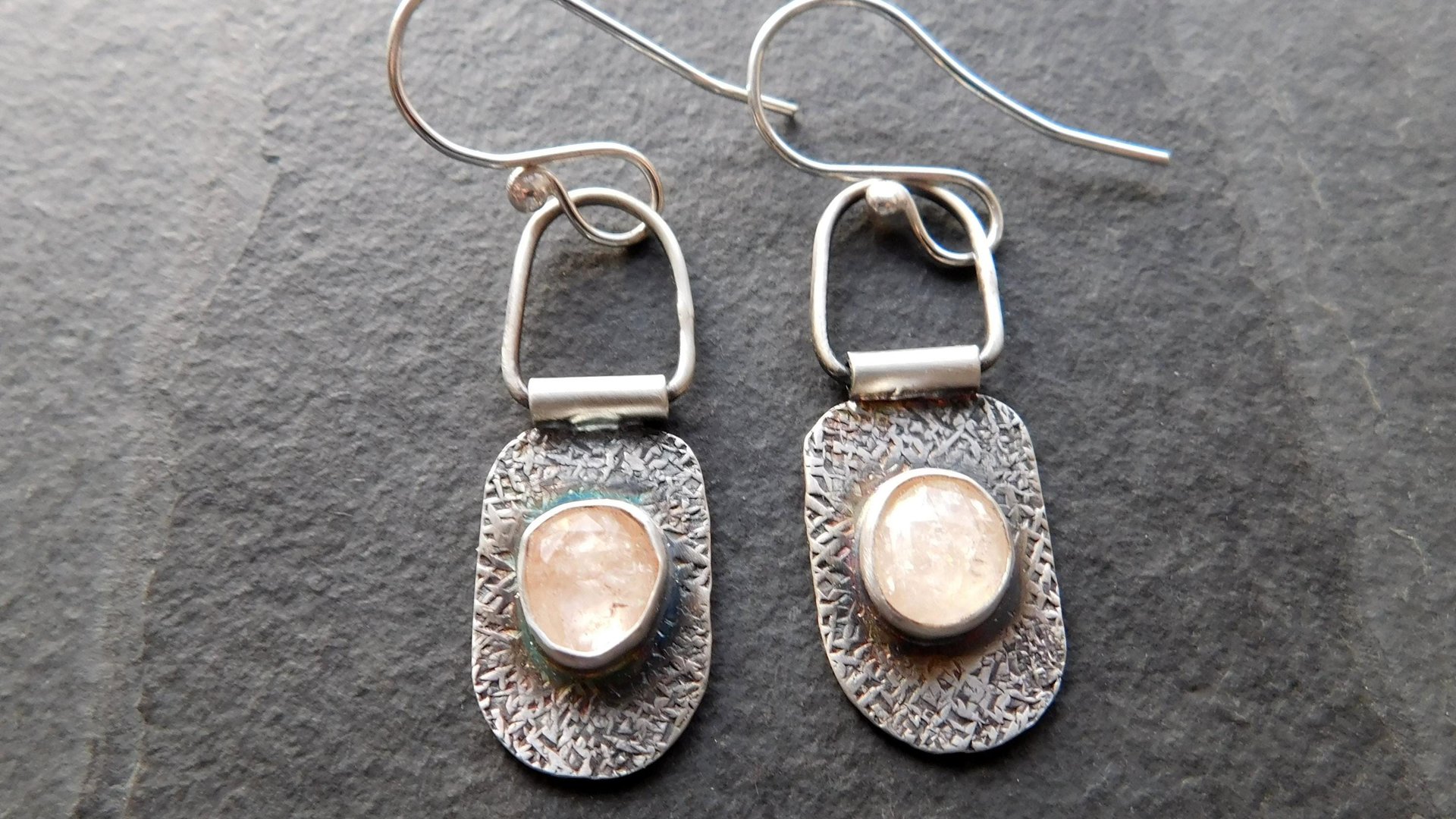 Champagne Rosecut Morganite Textured Sterling Silver Hinged Lightweight Everyday Dangle Earrings