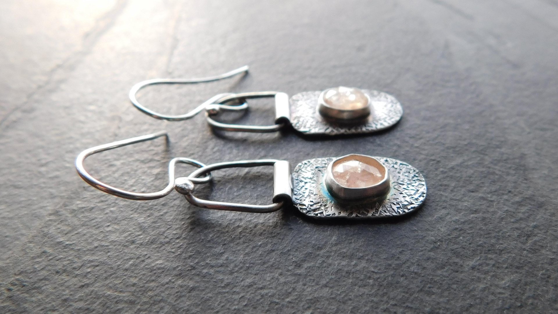 Champagne Rosecut Morganite Textured Sterling Silver Hinged Lightweight Everyday Dangle Earrings