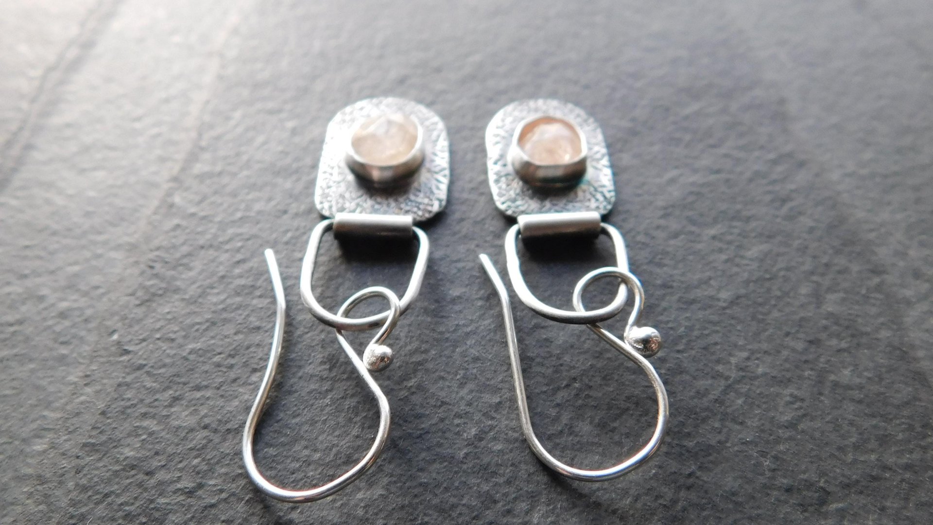 Champagne Rosecut Morganite Textured Sterling Silver Hinged Lightweight Everyday Dangle Earrings