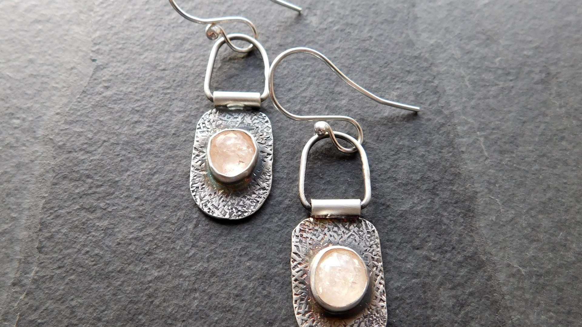 Champagne Rosecut Morganite Textured Sterling Silver Hinged Lightweight Everyday Dangle Earrings