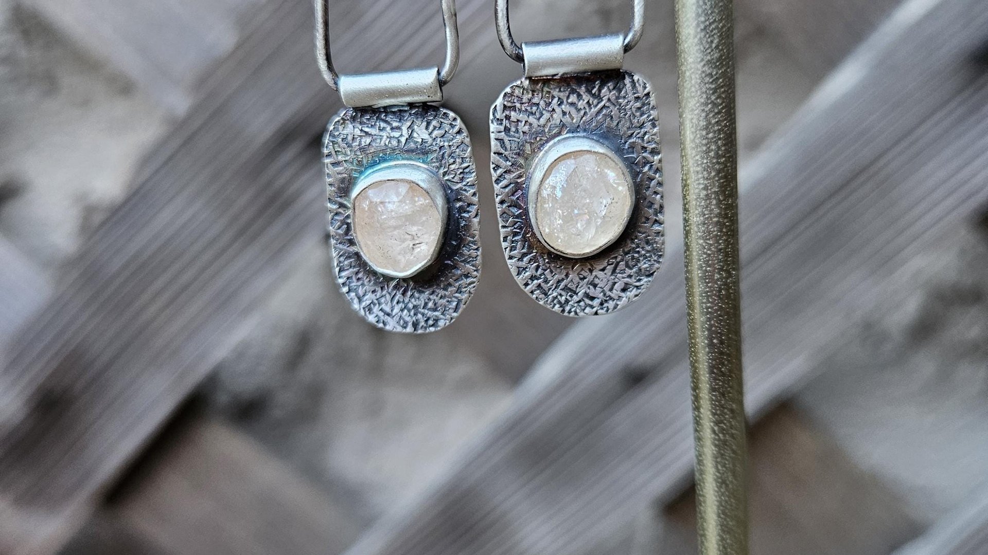 Champagne Rosecut Morganite Textured Sterling Silver Hinged Lightweight Everyday Dangle Earrings