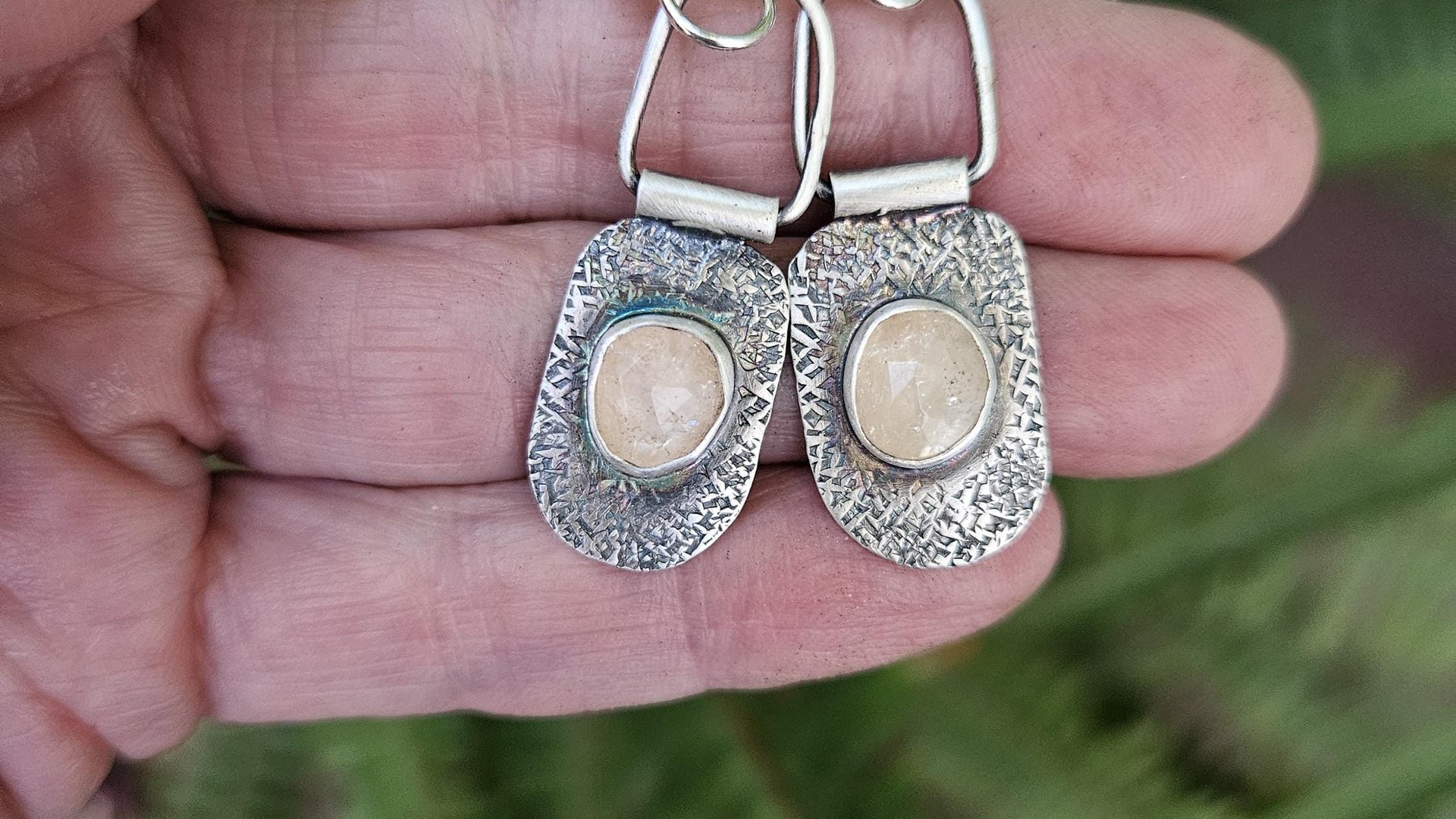 Champagne Rosecut Morganite Textured Sterling Silver Hinged Lightweight Everyday Dangle Earrings