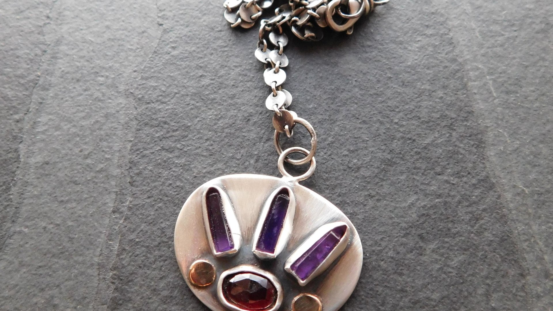 Amethyst Quartz Crystal  Point Garnet Sterling Silver 14K Gold Mixed Metal Multi Stone Pendant Necklace