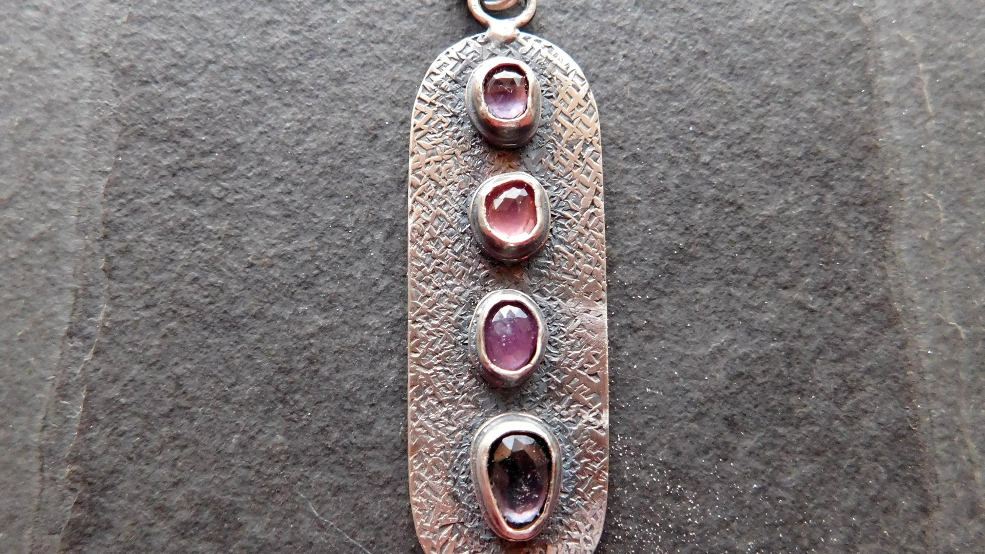 Spinel Shades of Violet Multi Stone Textured Sterling Silver 14K Gold Accent Pendant Necklace