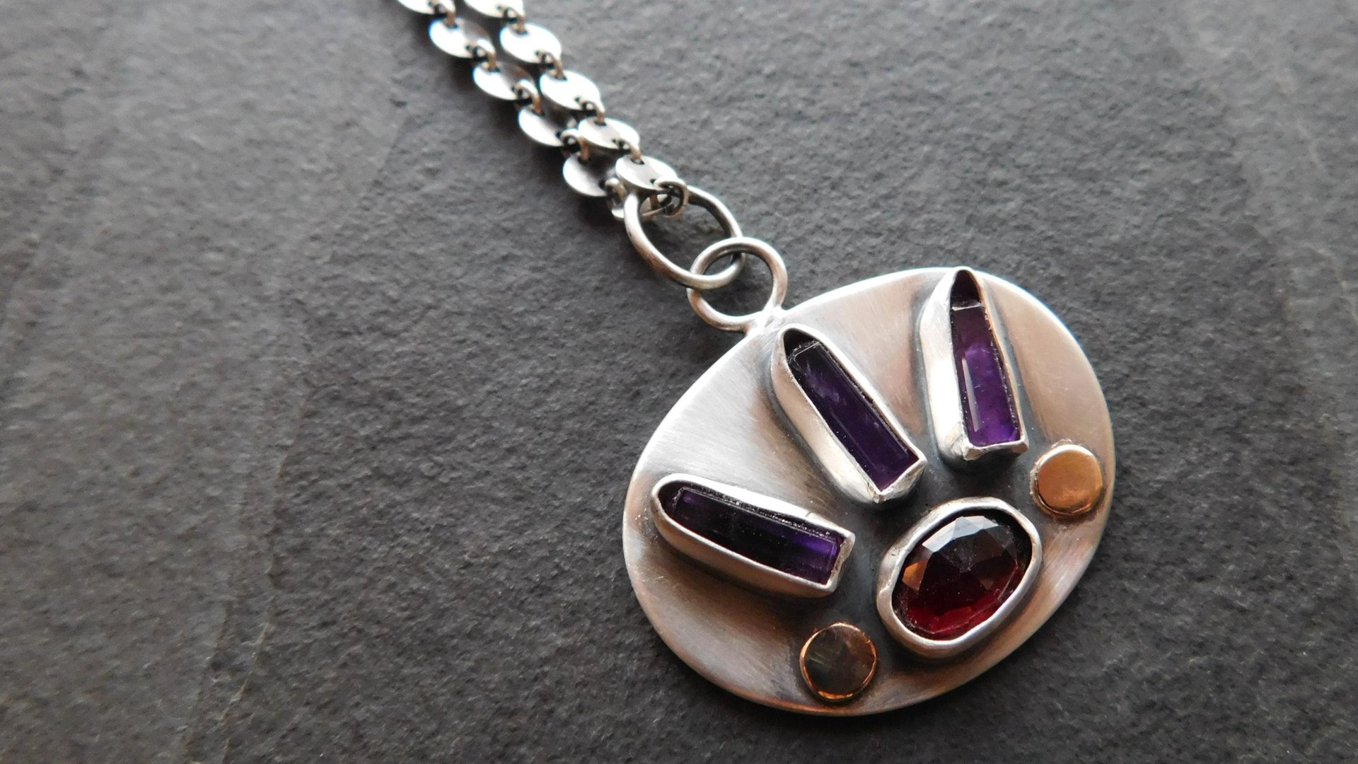 Amethyst Quartz Crystal  Point Garnet Sterling Silver 14K Gold Mixed Metal Multi Stone Pendant Necklace