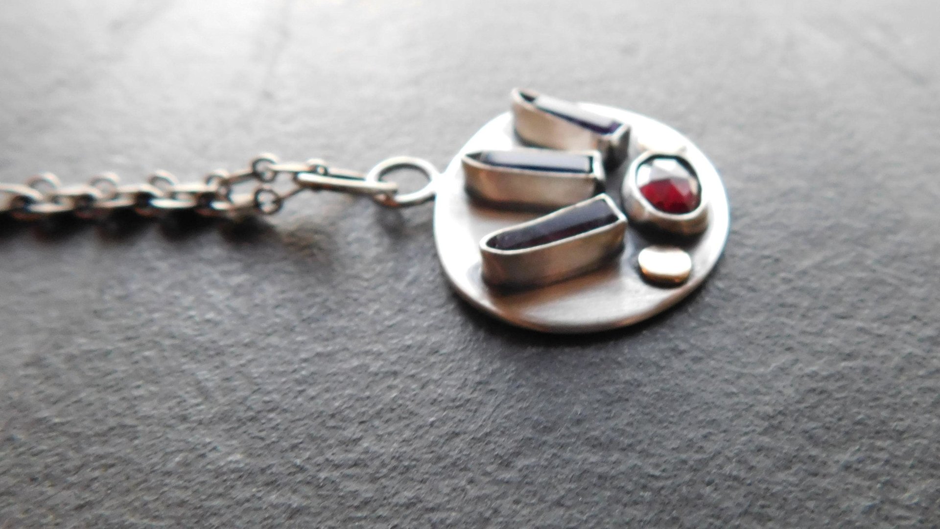 Amethyst Quartz Crystal  Point Garnet Sterling Silver 14K Gold Mixed Metal Multi Stone Pendant Necklace