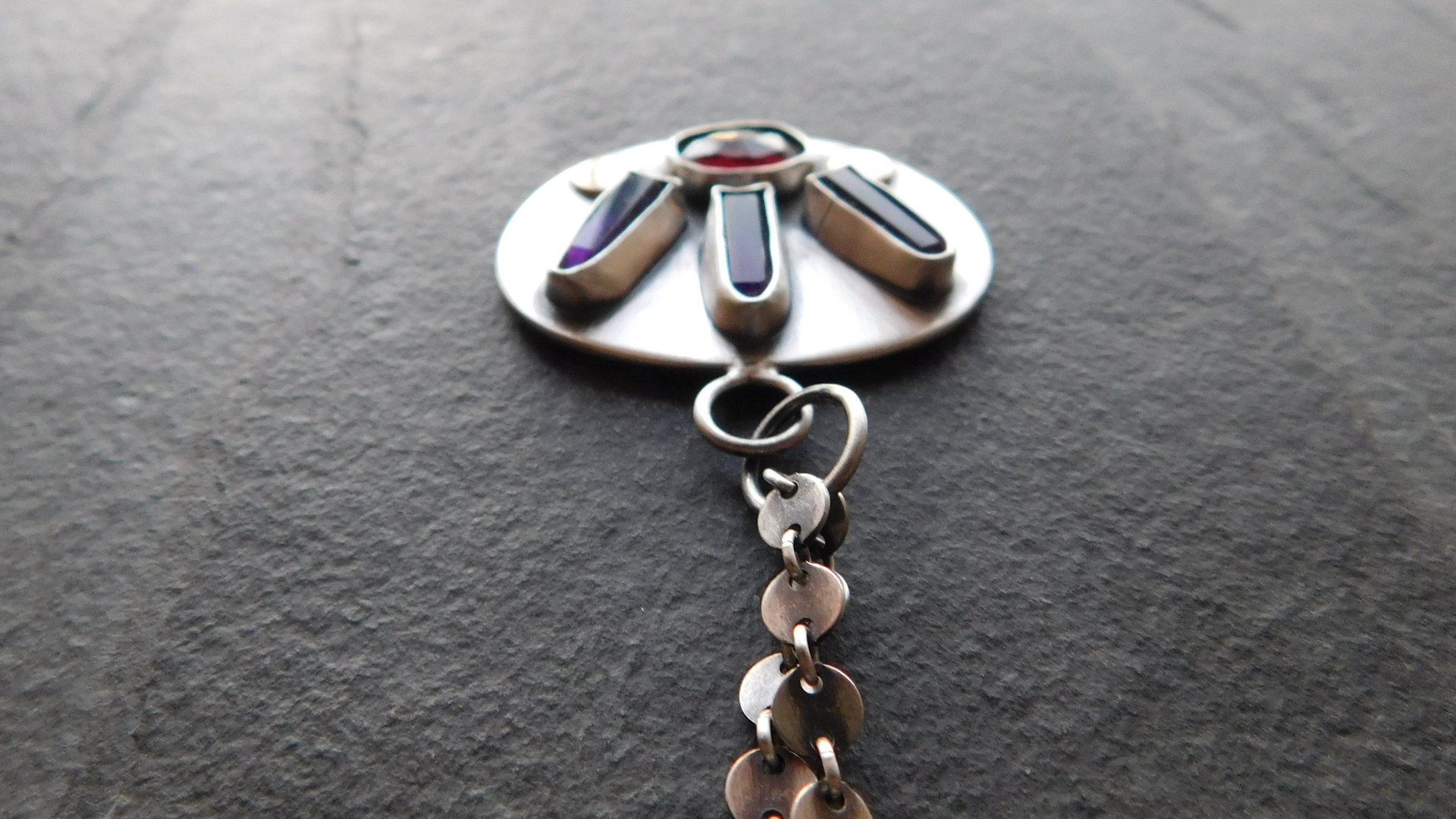 Amethyst Quartz Crystal  Point Garnet Sterling Silver 14K Gold Mixed Metal Multi Stone Pendant Necklace