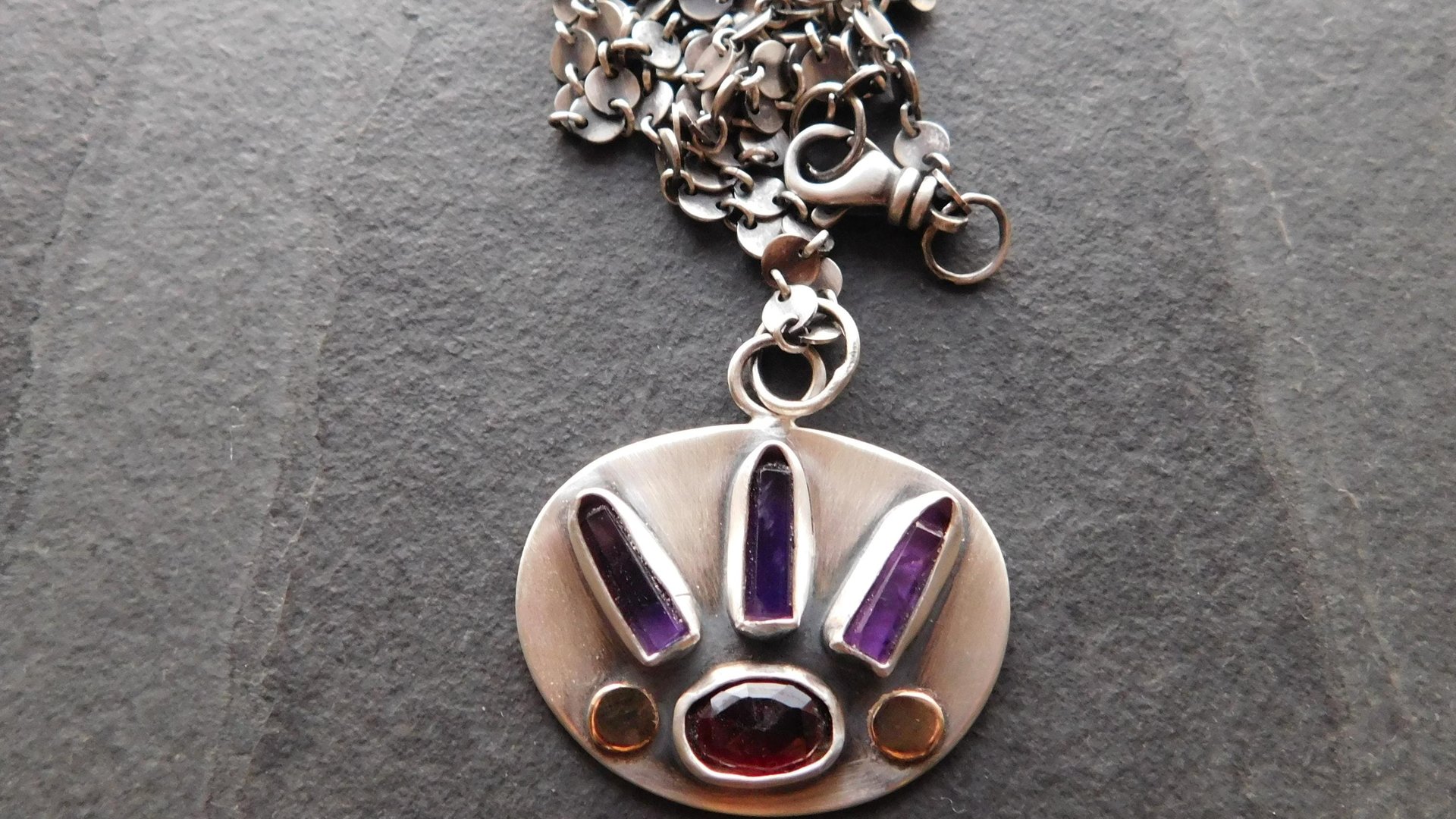 Amethyst Quartz Crystal  Point Garnet Sterling Silver 14K Gold Mixed Metal Multi Stone Pendant Necklace
