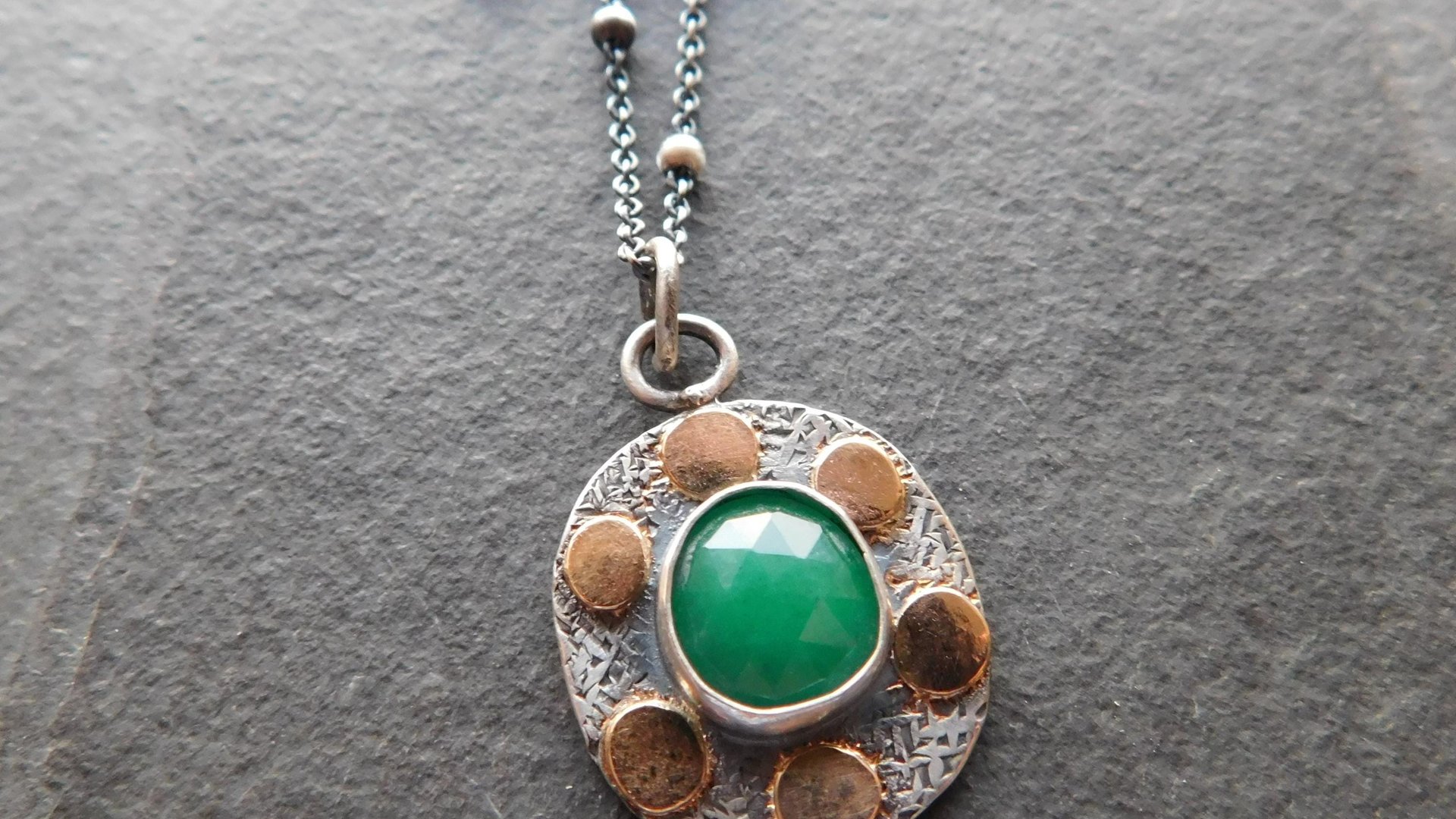 Natural Rosecut Zambian Emerald Textured Sterling Silver 14K Gold Dot Mixed Metal Pendant Necklace