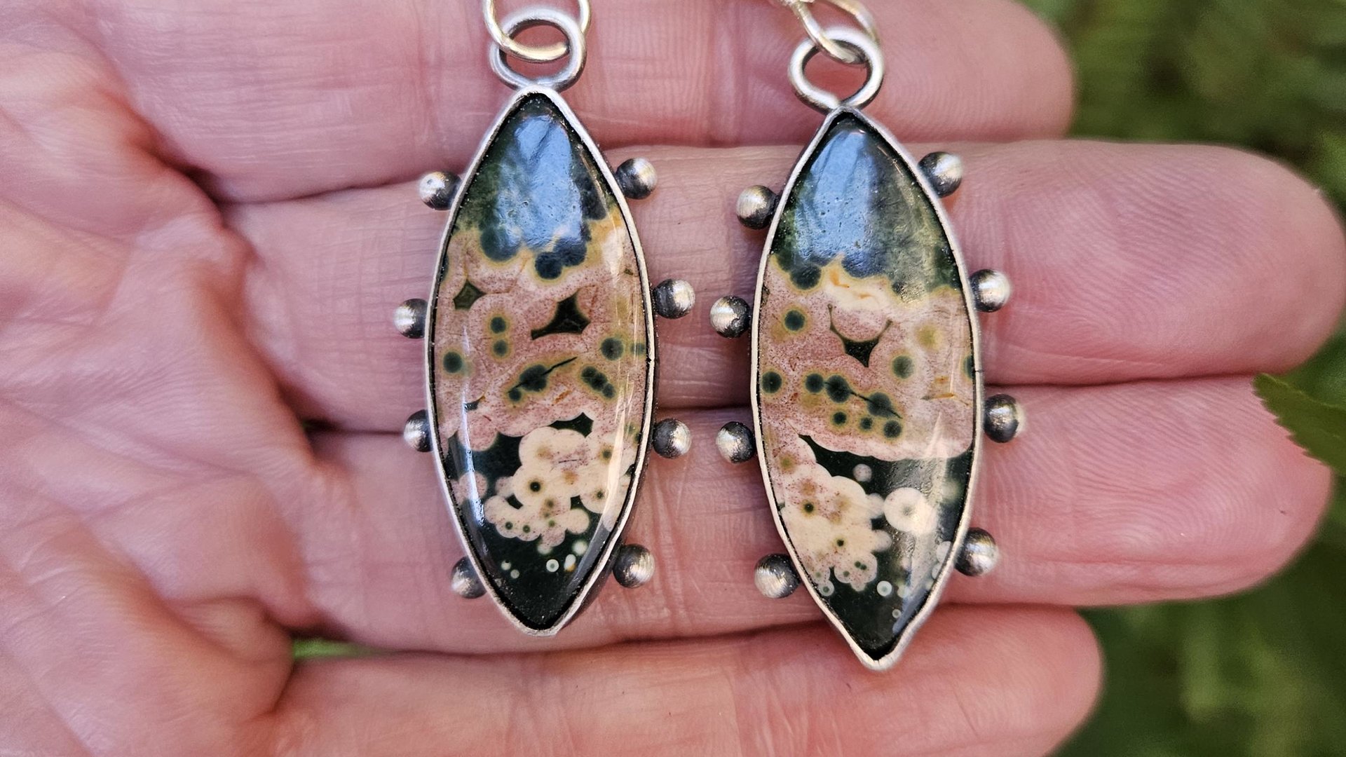 Forest Green Mauve Pink Ocean Jasper Oxidized Sterling Silver Dotted Dangle Earrings