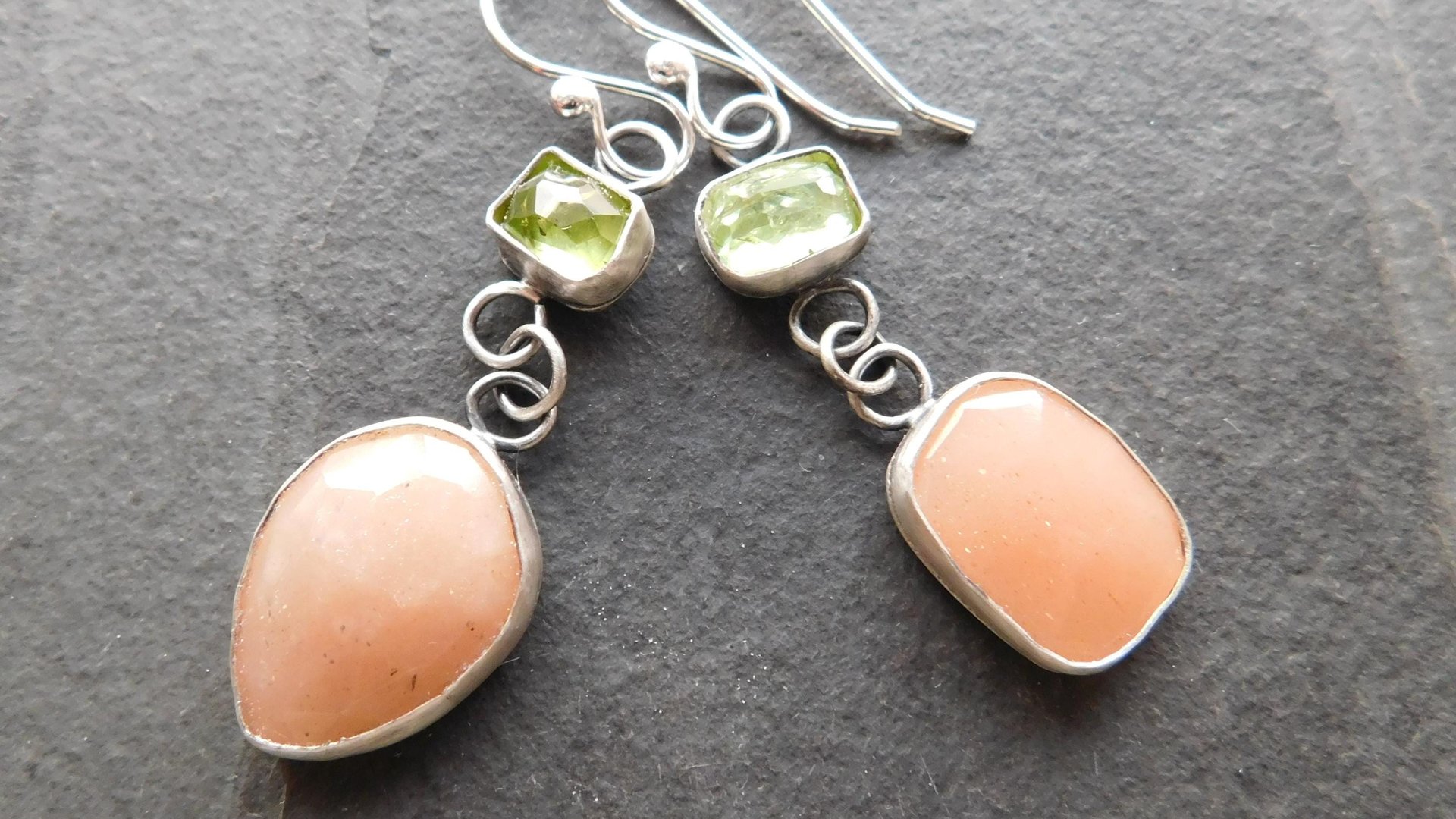 Peach Moonstone Lime Green Tourmaline Oxidized Sterling Silver Mismatched Dangle Earrings
