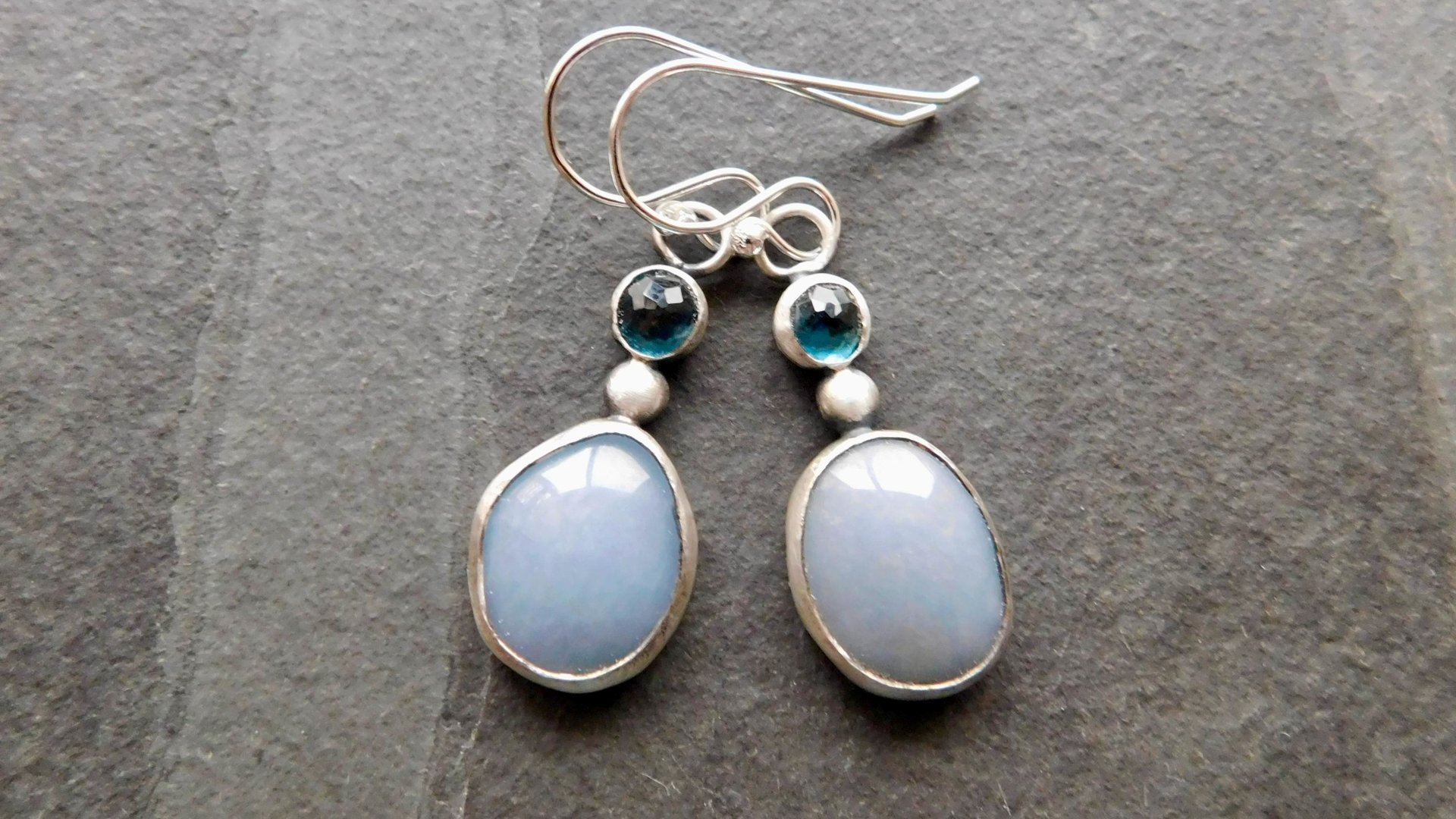 Pale Blue Grey Angelite London Blue Topaz Sterling Silver Shades Of Blue Dangle Earrings