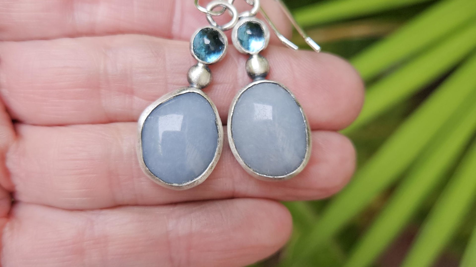 Pale Blue Grey Angelite London Blue Topaz Sterling Silver Shades Of Blue Dangle Earrings