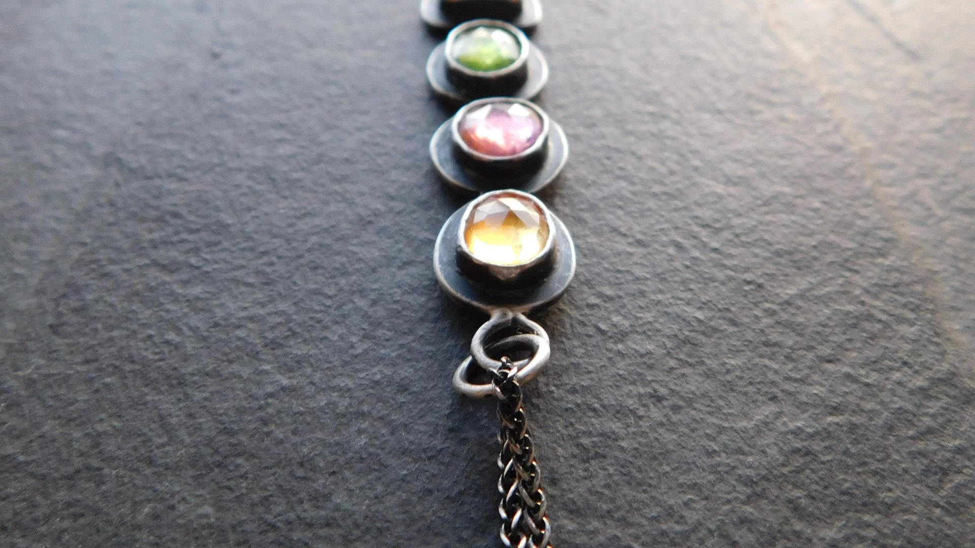 Golden Yellow Citrine Pink Tourmaline Green Tourmaline Orange Kyanite Rainbow Stone Oxidized Sterling Silver Necklace