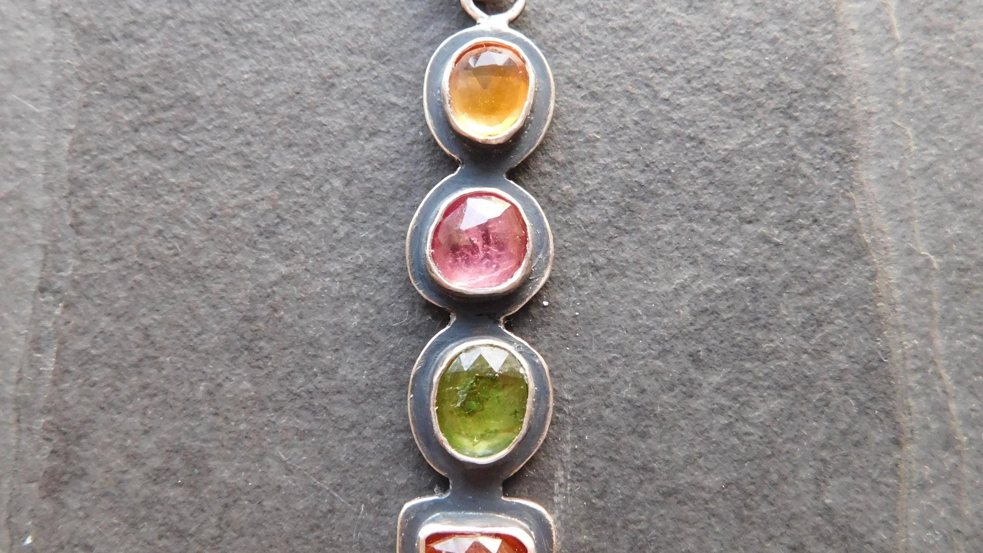 Golden Yellow Citrine Pink Tourmaline Green Tourmaline Orange Kyanite Rainbow Stone Oxidized Sterling Silver Necklace