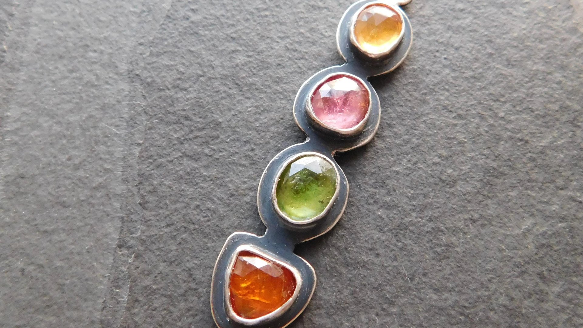 Golden Yellow Citrine Pink Tourmaline Green Tourmaline Orange Kyanite Rainbow Stone Oxidized Sterling Silver Necklace
