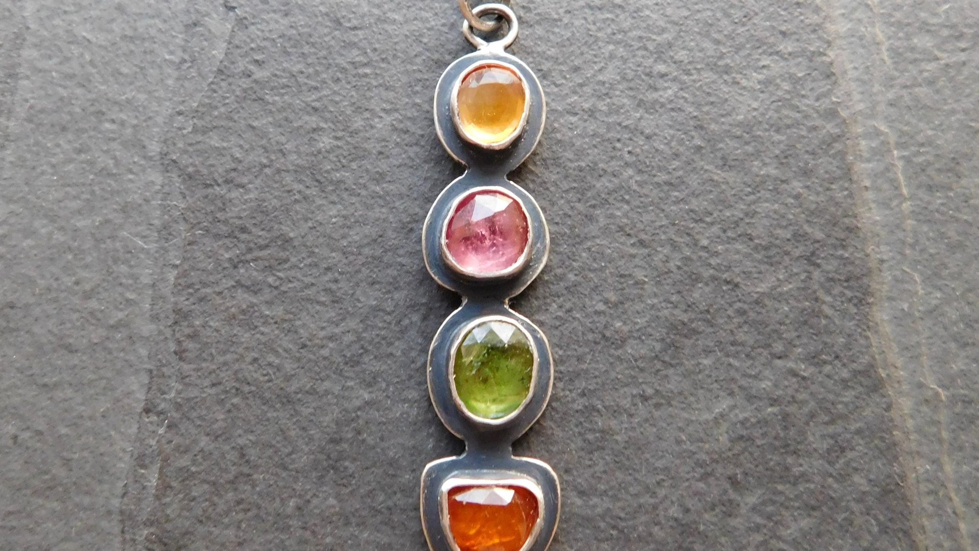 Golden Yellow Citrine Pink Tourmaline Green Tourmaline Orange Kyanite Rainbow Stone Oxidized Sterling Silver Necklace
