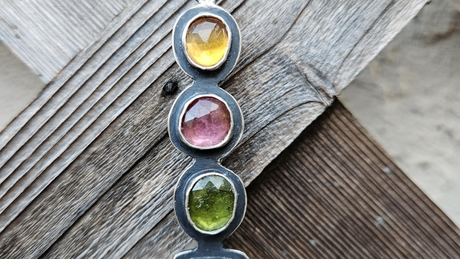 Golden Yellow Citrine Pink Tourmaline Green Tourmaline Orange Kyanite Rainbow Stone Oxidized Sterling Silver Necklace