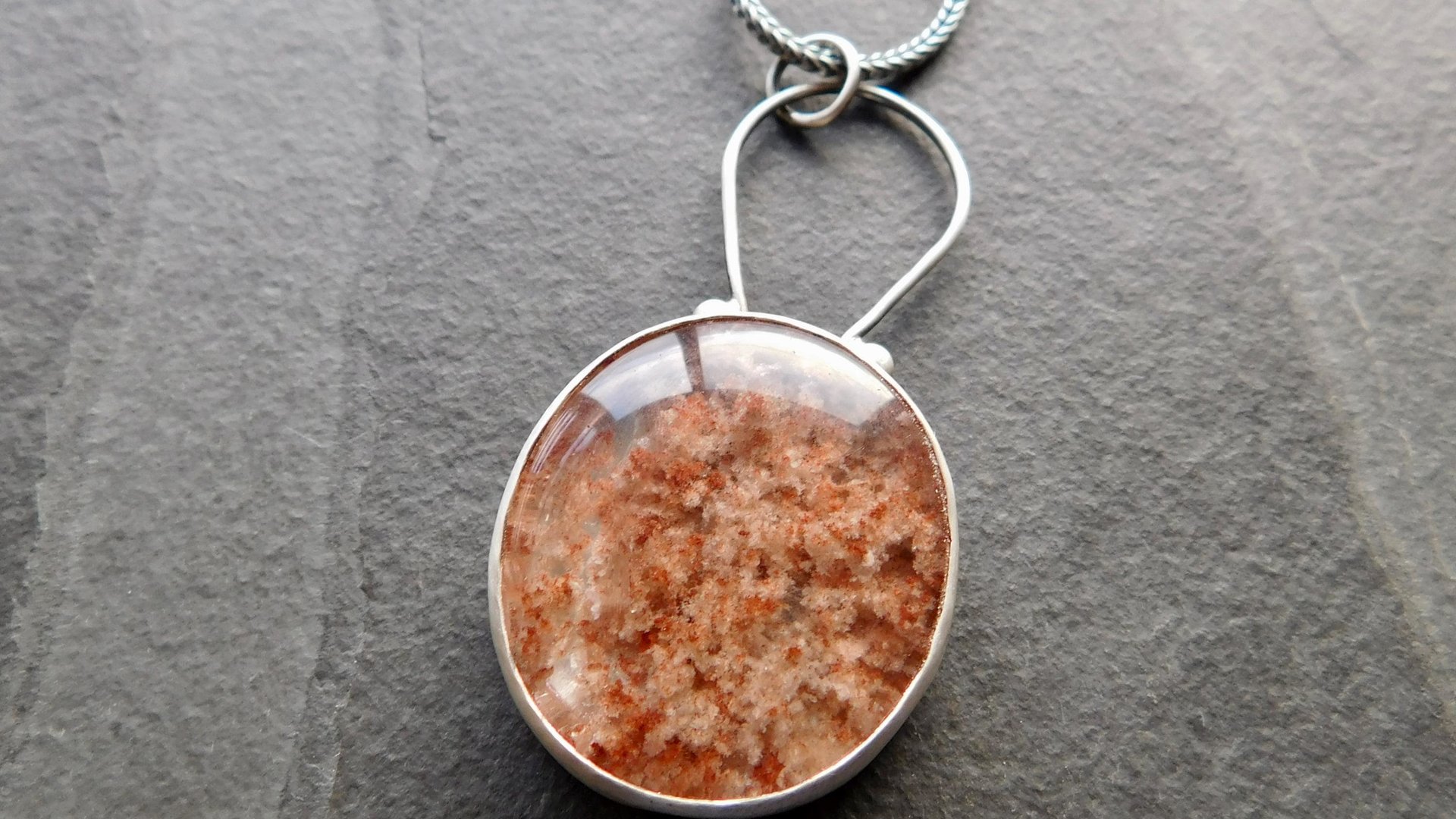 Rust Red Moss Agate Oxidized Brushed Sterling Silver Mossy Garden Pendant Necklace