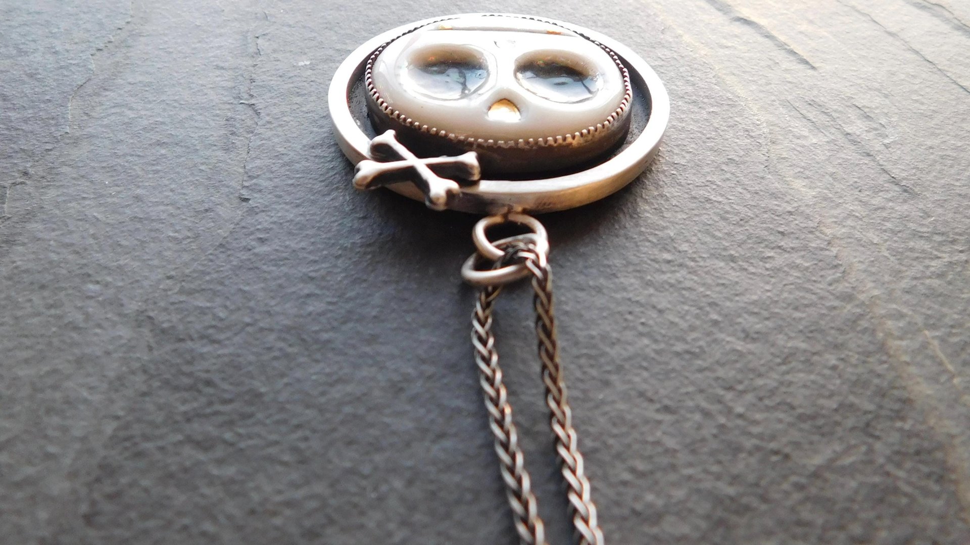 Porcelain Sugar Skull Oxidized Sterling Silver Pendant Necklace
