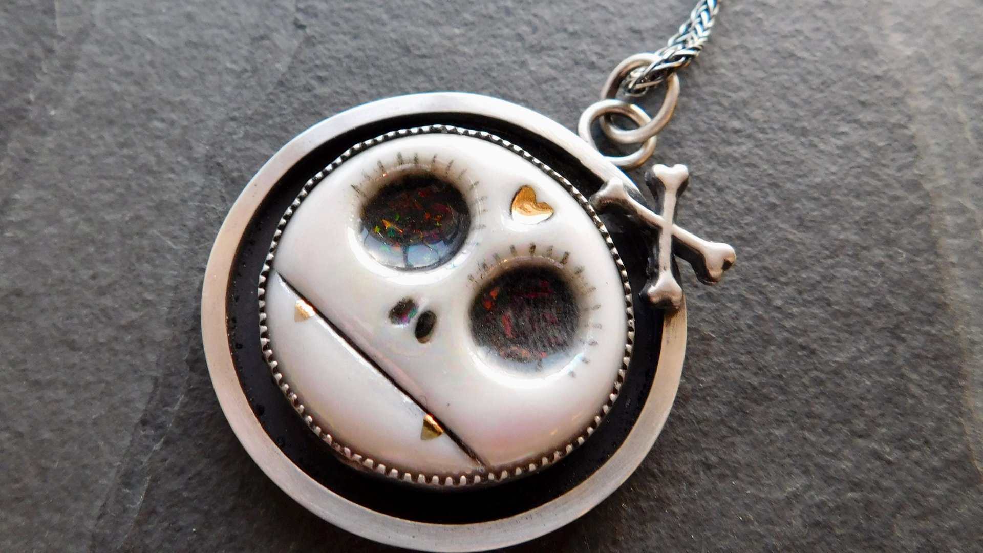 Porcelain Sugar Skull Oxidized Sterling Silver Pendant Necklace
