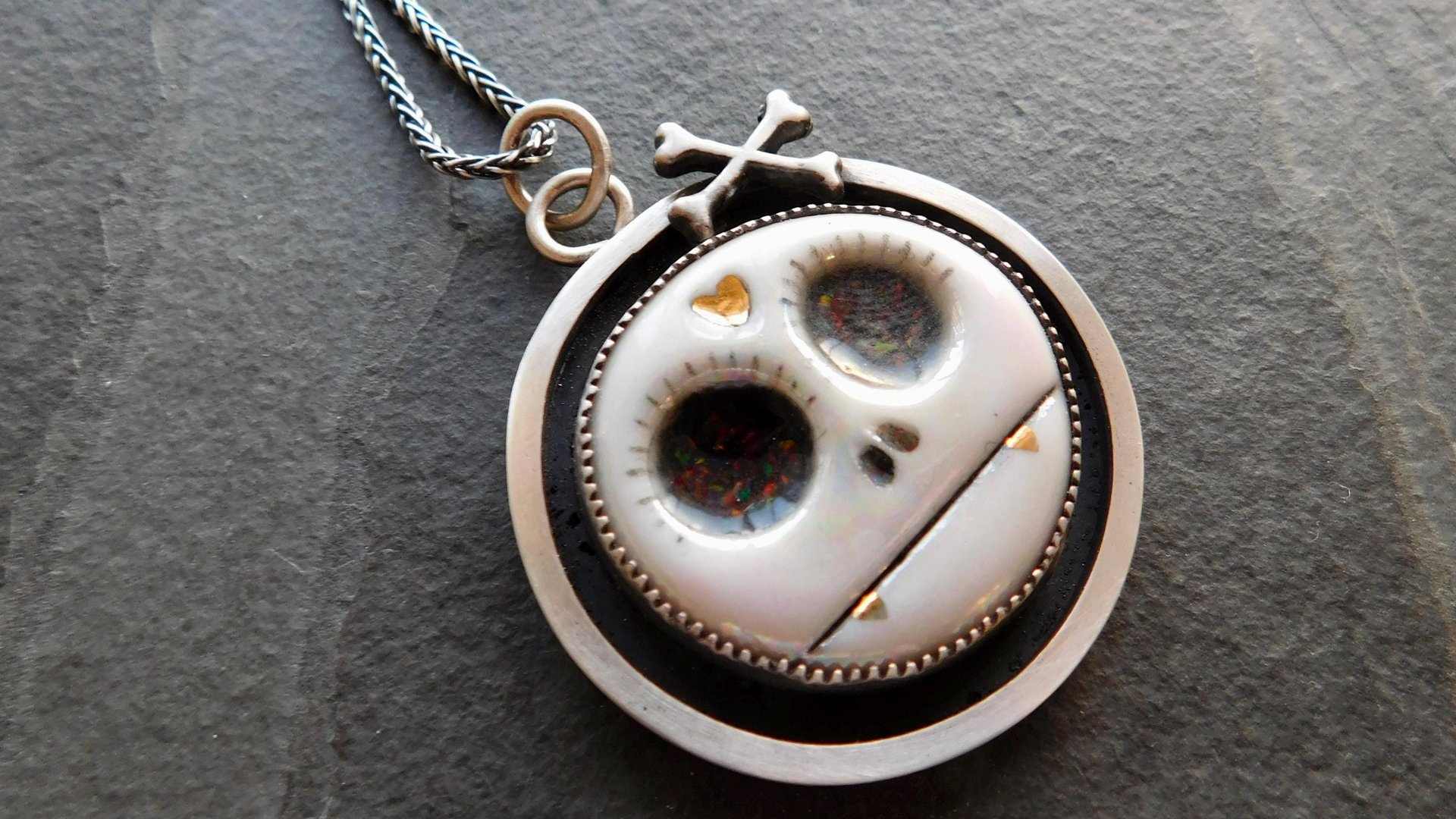 Porcelain Sugar Skull Oxidized Sterling Silver Pendant Necklace