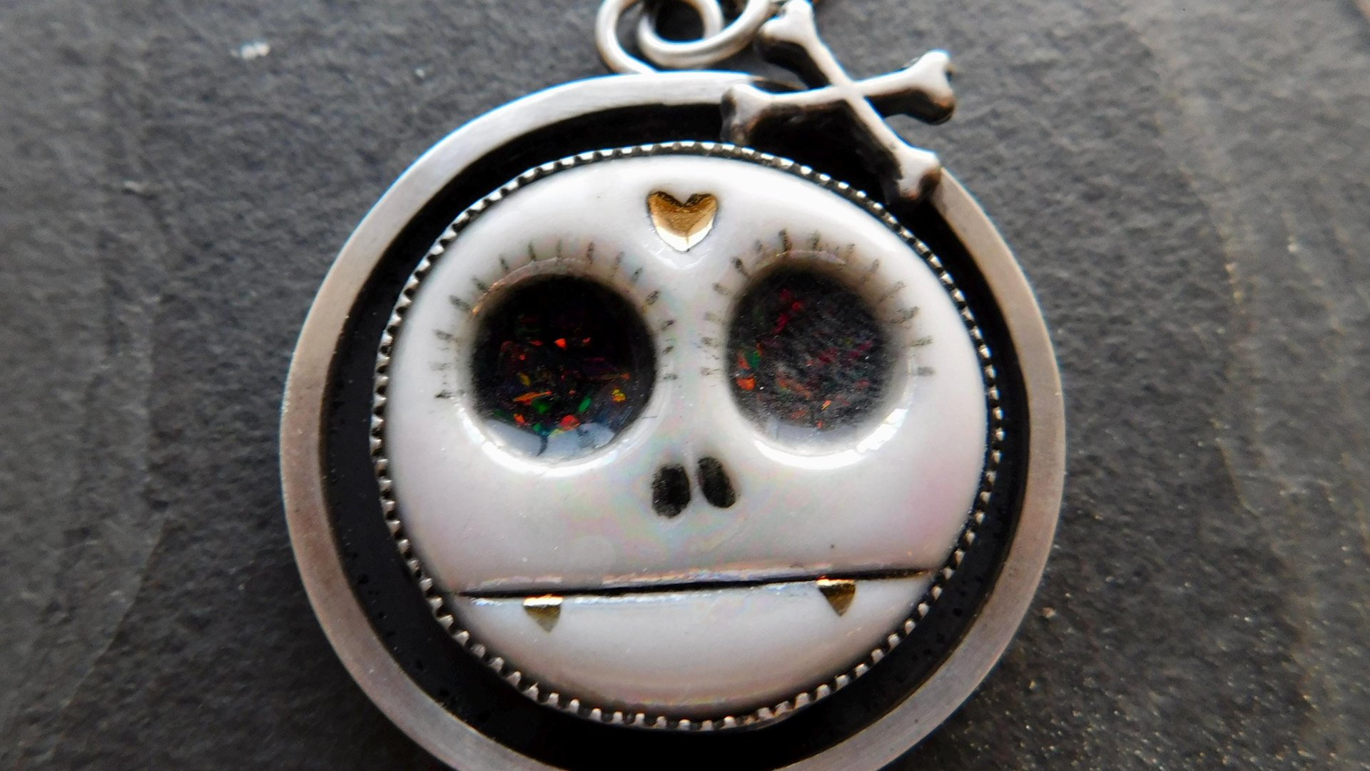 Porcelain Sugar Skull Oxidized Sterling Silver Pendant Necklace