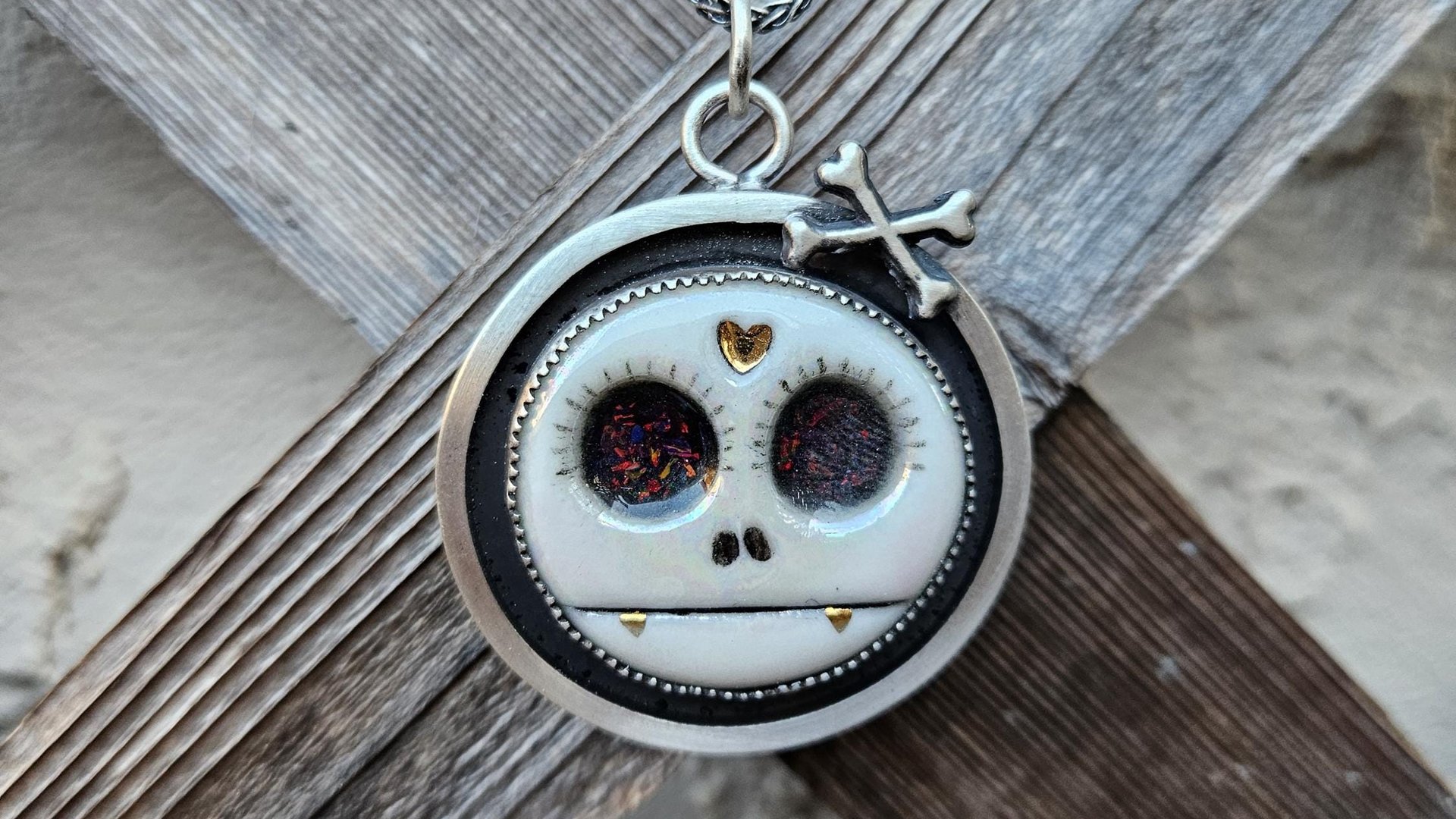Porcelain Sugar Skull Oxidized Sterling Silver Pendant Necklace