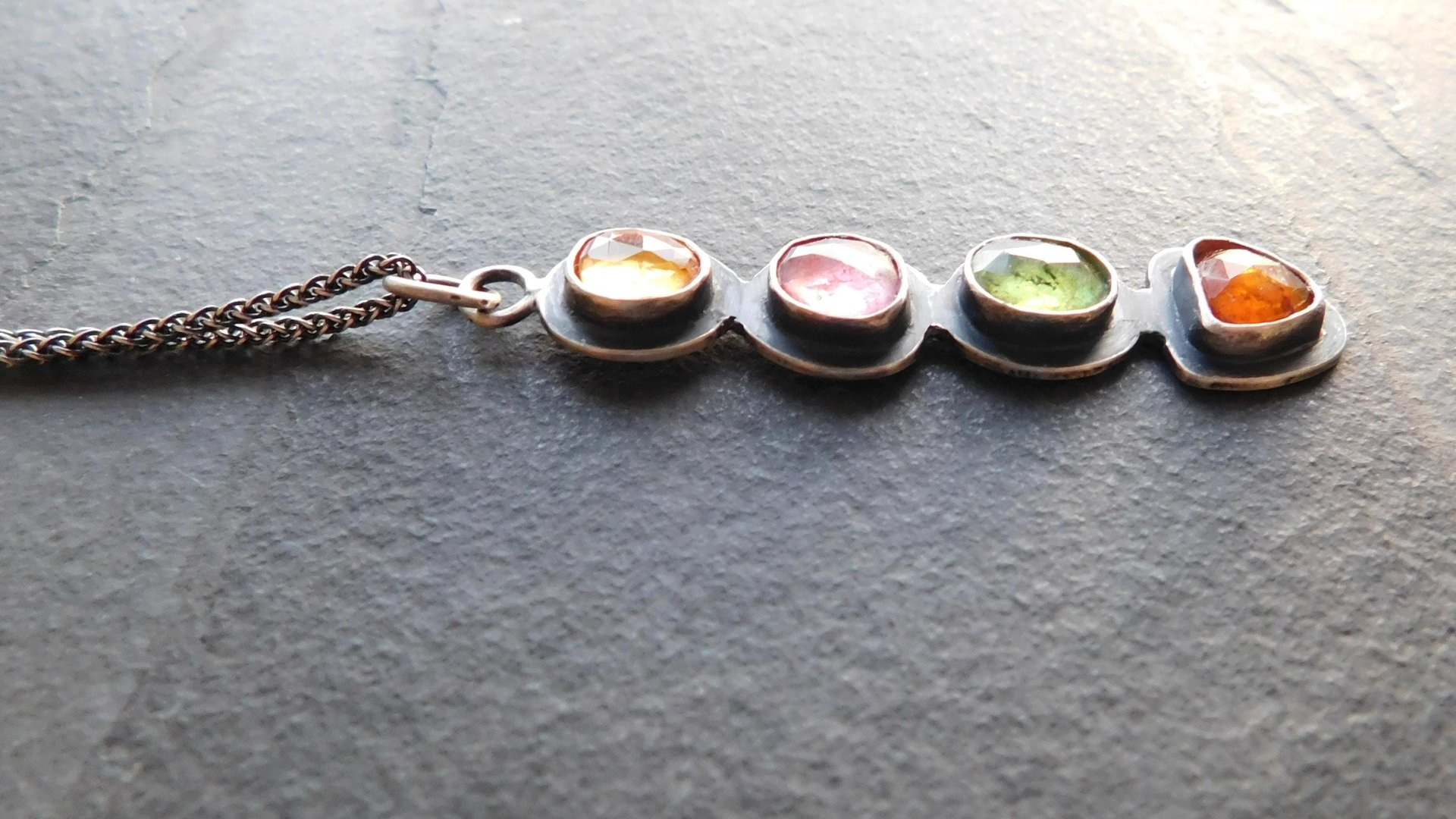 Golden Yellow Citrine Pink Tourmaline Green Tourmaline Orange Kyanite Rainbow Stone Oxidized Sterling Silver Necklace