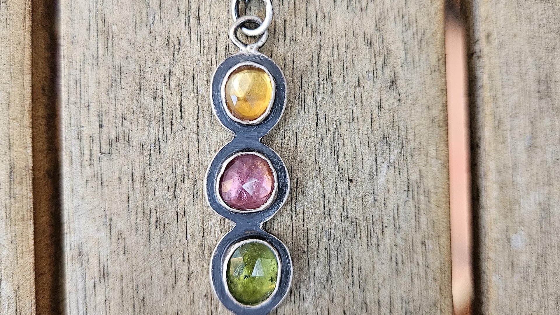 Golden Yellow Citrine Pink Tourmaline Green Tourmaline Orange Kyanite Rainbow Stone Oxidized Sterling Silver Necklace