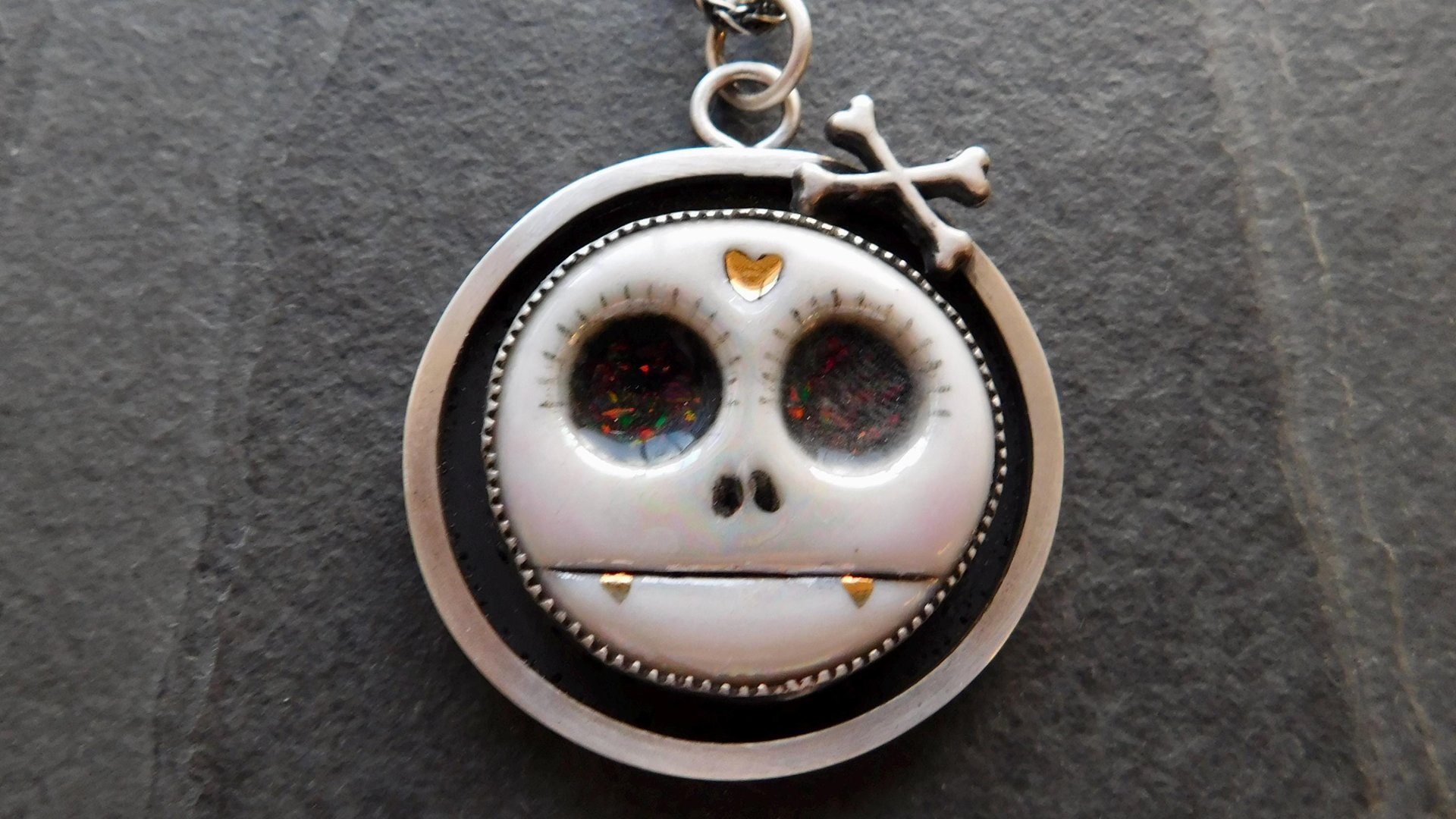 Porcelain Sugar Skull Oxidized Sterling Silver Pendant Necklace