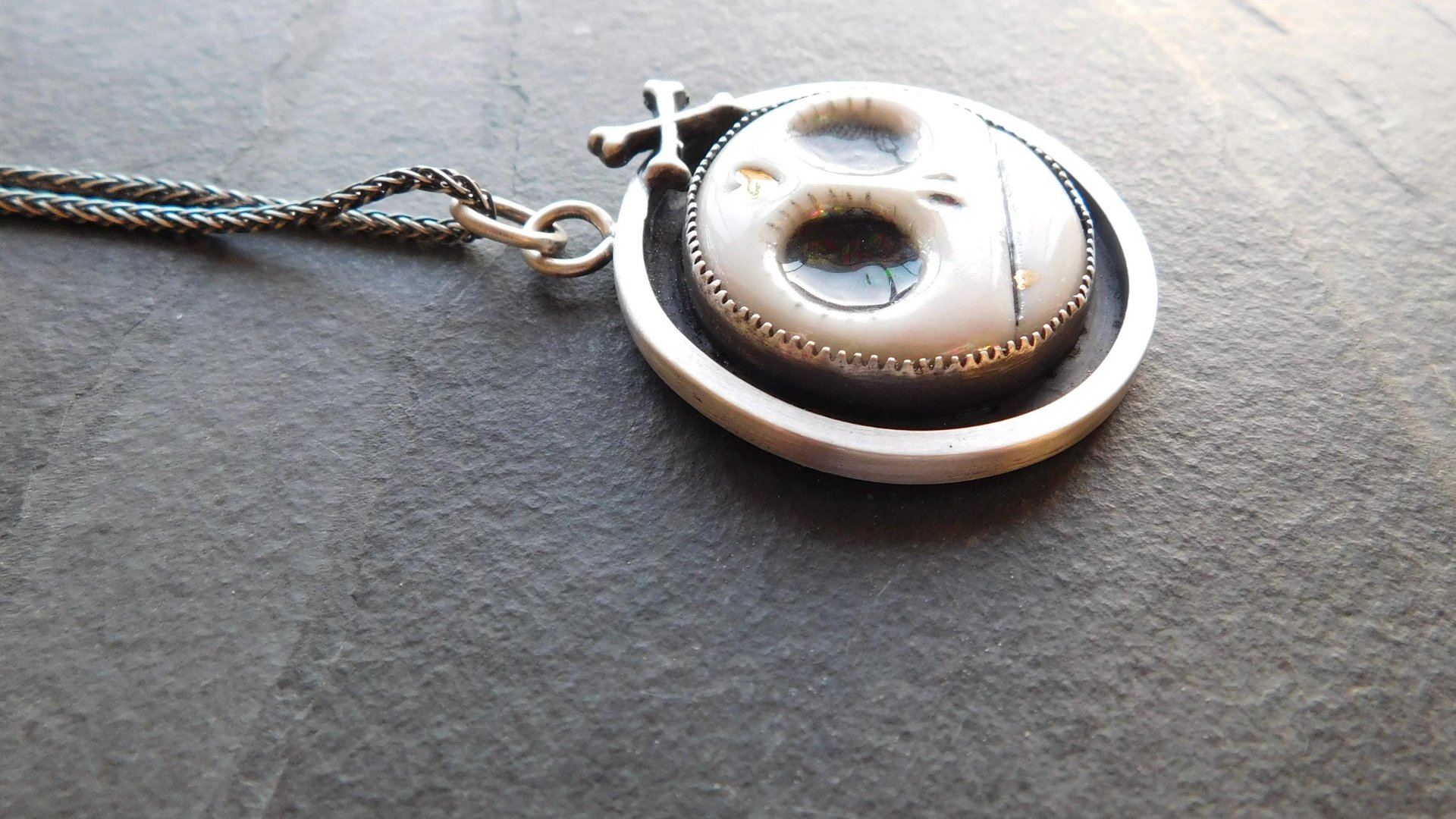 Porcelain Sugar Skull Oxidized Sterling Silver Pendant Necklace