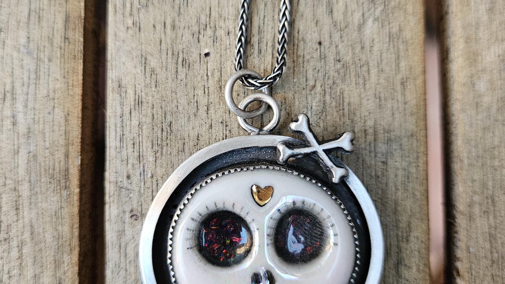 Porcelain Sugar Skull Oxidized Sterling Silver Pendant Necklace