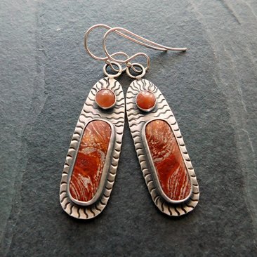 Rust Red Brown Ribbon Jasper Brown Moonstone Oxidized Sterling Silver Hand Stamped Dangle Earrings