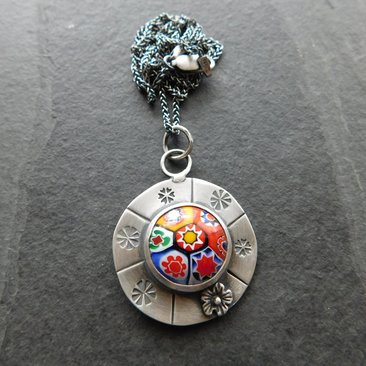 Vintage Millefiori Primary Colors Glass Button Sterling Silver Hand Stamped Floral Pendant Necklace