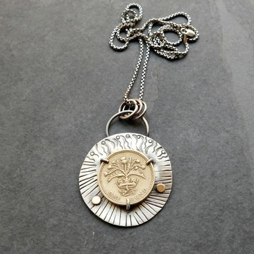 British Pound Coin Sterling Silver 14k Gold Stamped Pendant, Vintage Coin Modernist Hand Fabricated Necklace