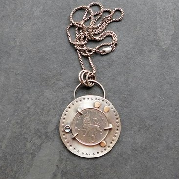 British Ten Pence Coin London Blue Topaz Sterling Silver Pendant, Silver Gold Coin Jewelry
