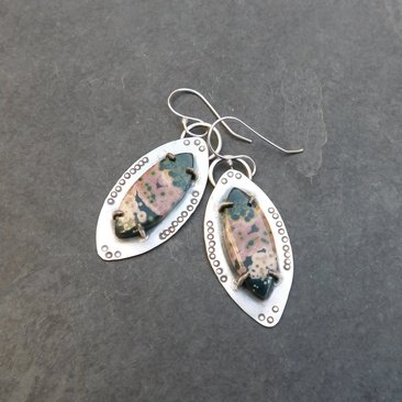 Pink Green Ocean Jasper Sterling Silver Stamped Earrings, Modernist Ocean Jasper Dangles, Geometric Design