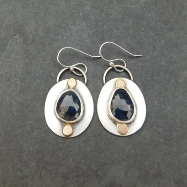 Deep Blue Sapphire Mixed Metal Earrings, Sterling Silver 14K Gold, Minimalist Sapphire Dangles