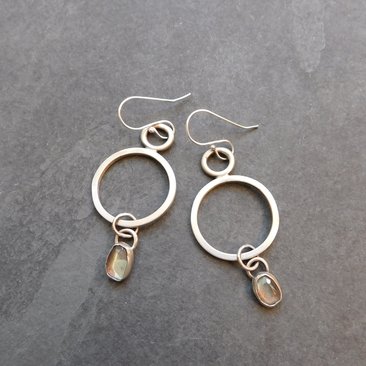 Labradorite Pink Green Flash Stone Sterling Silver Hoops, Modern Labradorite Dangle Earrings