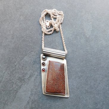 Dinosaur Bone Garnet Hematite Pendant, Oxidized Sterling Silver, Multi Stone Necklace, Modernist Industrial Stone Pendant
