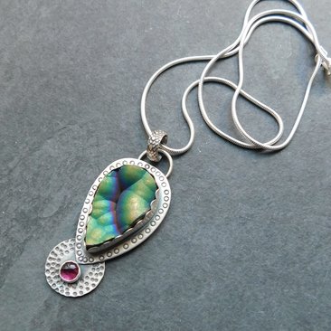 Botryoidal Agate Pink Tourmaline Multi Stone Pendant, Oxidized Sterling Silver, Neon Colors, Pink Green Stones, Hand Stamped