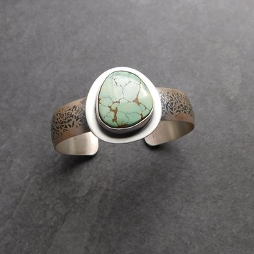 American Green Turquoise Sterling Silver Textured Cuff Bracelet, Modern Southwestern Design