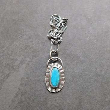 American Turquoise Sterling Silver Stamped Pendant, Kingman Turquoise Boho Necklace
