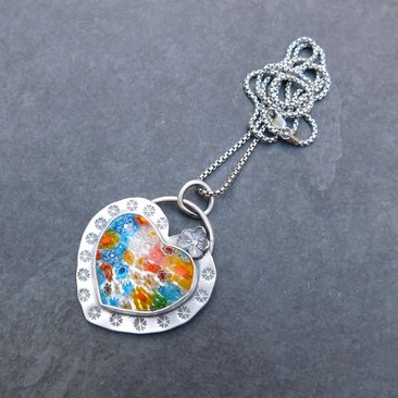 Millefiori Glass Heart Sterling Silver Stamped Pendant, Multi Color Flower Heart Necklace
