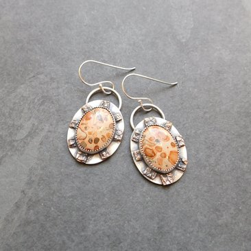 Leopard Skin Jasper Sterling Bronze Earrings, Mixed Metal Earth Tone Stone Dangles