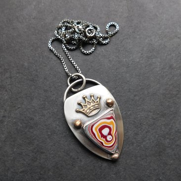 Whimsical Red Yellow Fordite Sterling Silver Bronze Pendant, Mixed Metal Fun Fordite Crown Necklace