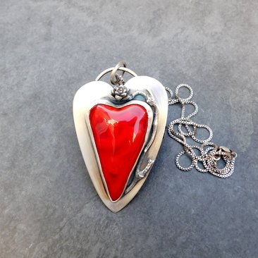 Red Lampwork Glass Heart Sterling Silver Pendant, Rose Heart Asymmetrical Statement Necklace