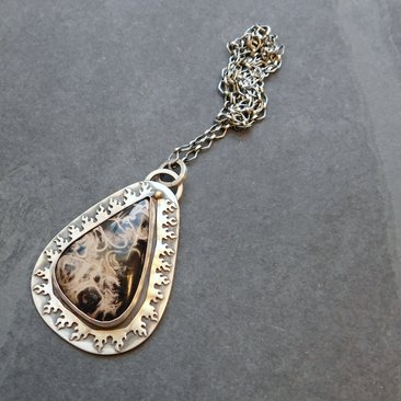 Petrified Palm Wood Black Gold Stone Sterling Silver Flame Pendant, Fire Pattern Mixed Metal Modernist Necklace