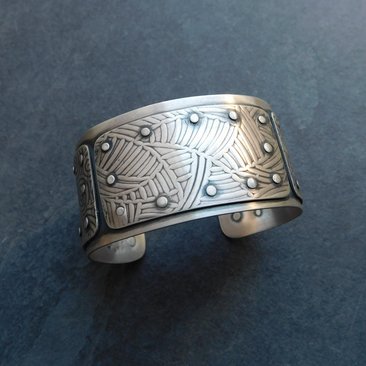 Mixed Pattern Riveted Cuff, Oxidized Sterling Silver, Ornate Metal Hardware Statement Bracelet